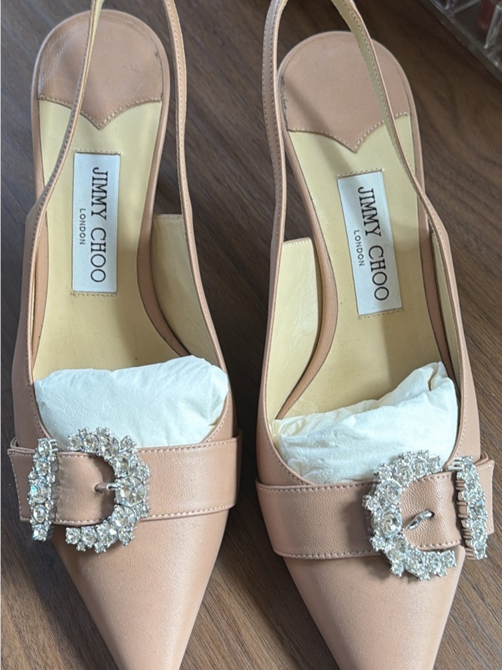 Jimmy Choo Blush Nude Slingback Pointed-Toe Pumps with Crystal Buckles - Picture 3 of 4
